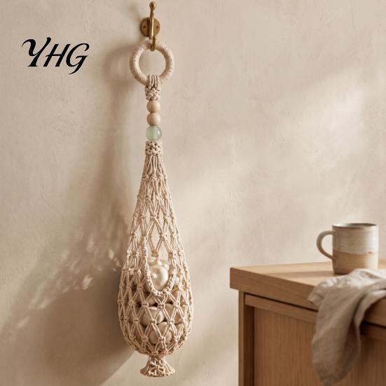 Kitchen Countertop Space Saver Handwoven Cotton Rope Storage Mesh Bag, Wall-Mounted Bohemian Style Organizer, Hand Woven Produce Basket Breathable