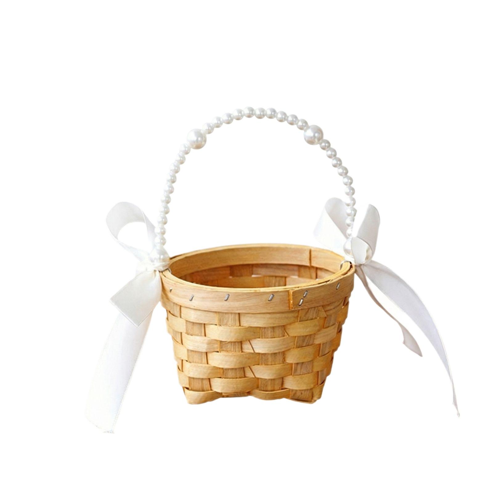 

Woven Wood Slat Basket with Pearl Handle and Decorative Ribbon Accent Suitable for Picnic Fruit Floral Arrangements and Storage One Size