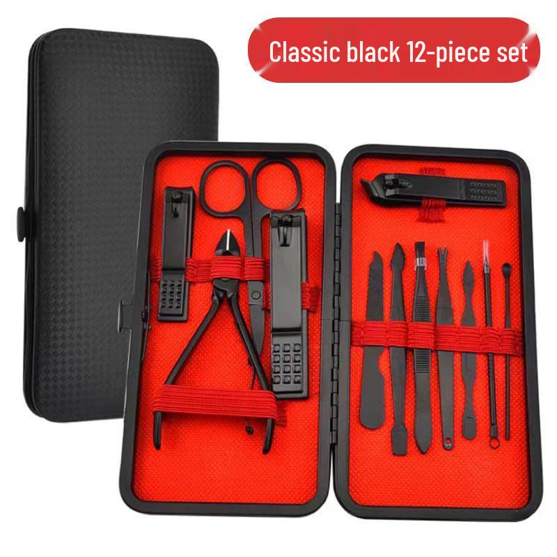 24-Piece Manicure Set: Black and Red Nails, Ear Pick, Oblique Clippers, Nose Hair Scissors, Tweezers