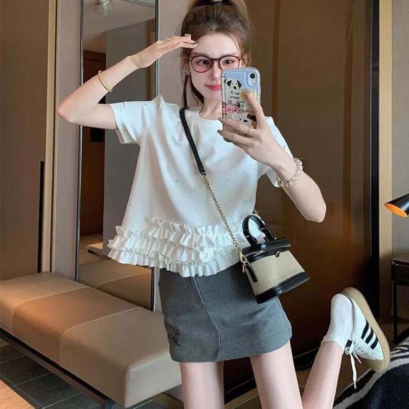 

Stitched Ruffled Short-sleeved T-shirt for Women 2025 New Heavy Industry Sequined Right Shoulder Round Neck Top S