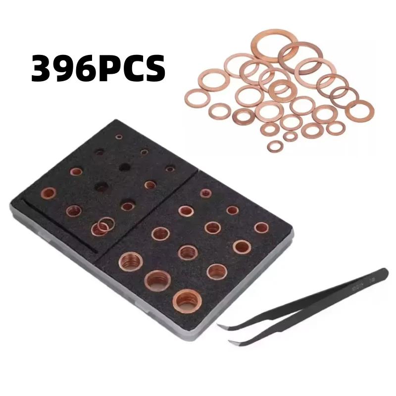 

Набор медных шайб-уплотнительных колец 396 шт. M5-M22 Уплотнительные прокладки для сливных пробок, масляных уплотнений, сантехники. Прочный набор прокладок с пинцетом