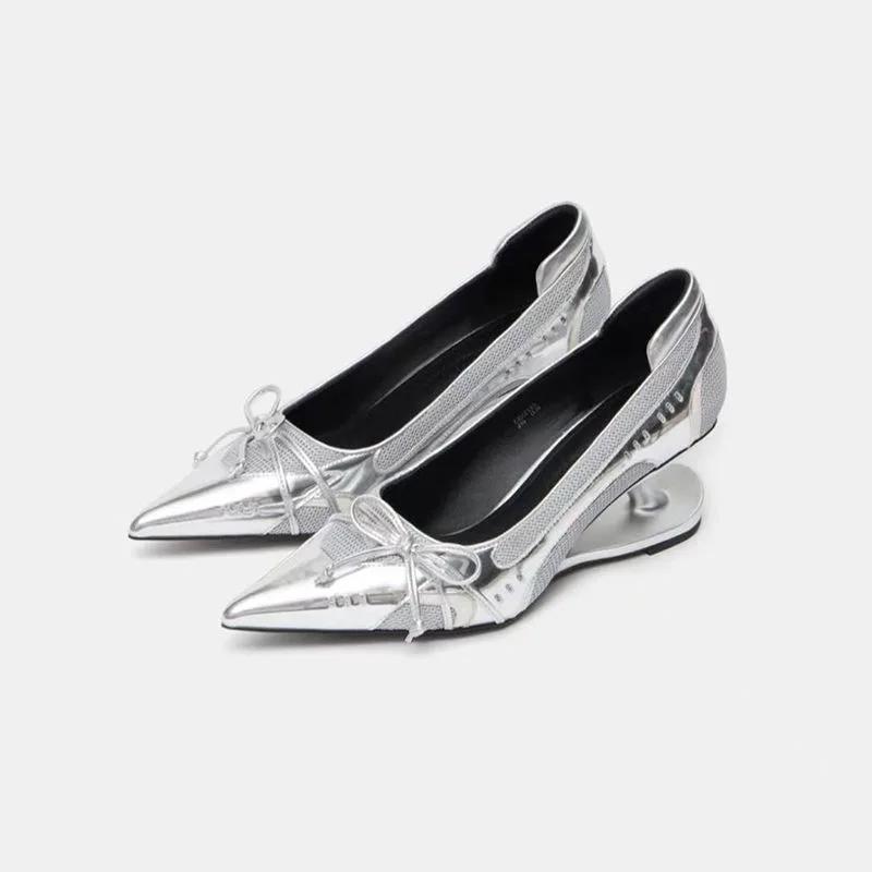 Plus size 43 Special Heel Spliced Heels Pointed Toe Heels Women's Shallow Mouth Bow Non-Slip Mary Jane Single Shoes