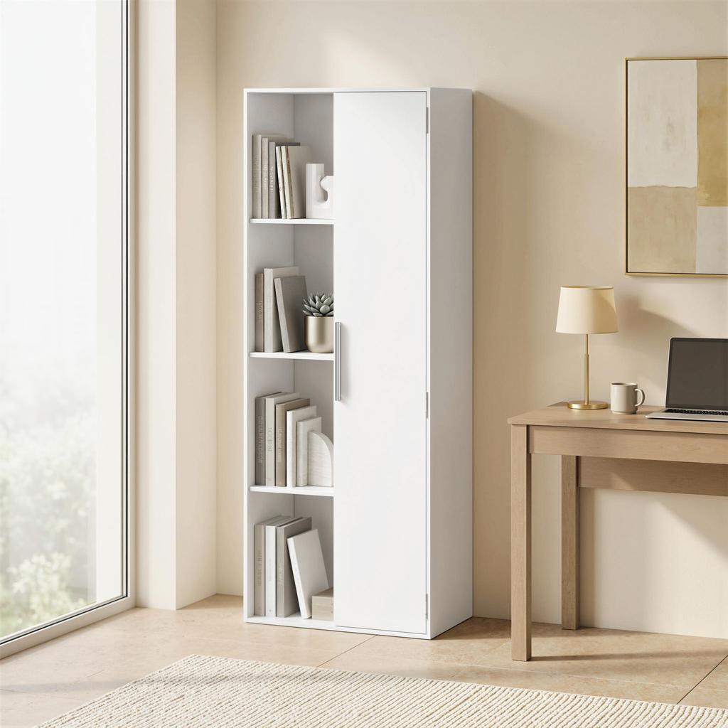 4-Tier Bookshelf with Adjustable Shelves, Shelf with Cabinet and Doors for Living Room, Study, White