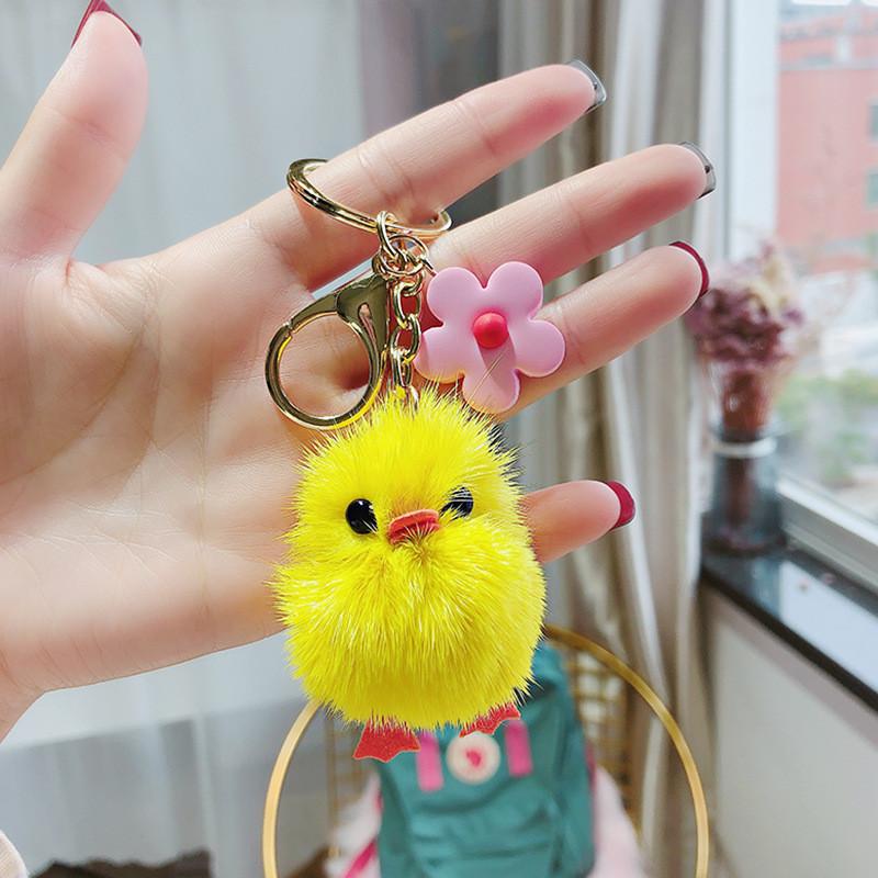 Adorable Plush Chick Keychain Accessory With Real Mink Fur Cute Cartoon Style