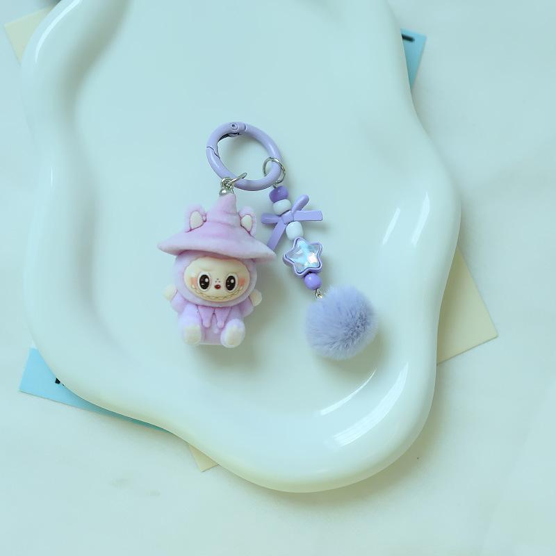 1 Piece Cartoon Flocking Wizard Labubu Keychain Cute Bag Hanging Pendant Backpack Earphone Case Decoration Birthday Gifts