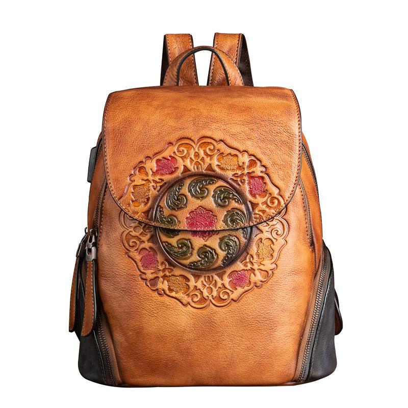 Johnature Retro Echtes Leder Rucksack Frauen Tasche Handgemachte Prägung Natürliche Rindsleder Große Kapazität Reisetaschen