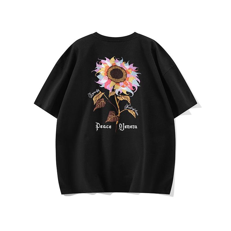 Embroidery Sunflower Light Change Loose Comfortable Trend Crew Neck Couple T-Shirt 2026 New Embossed Embroidery Light Change Embroidery M