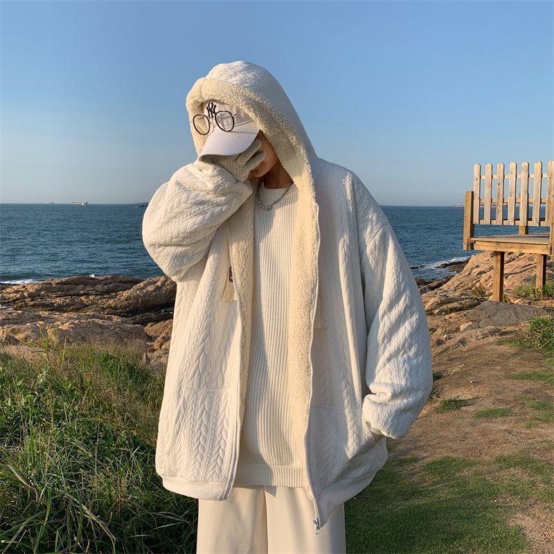 Men's Trendy Lambswool Jacquard Winter Coat - Warm Hooded Plush Cotton Jacket for Teens