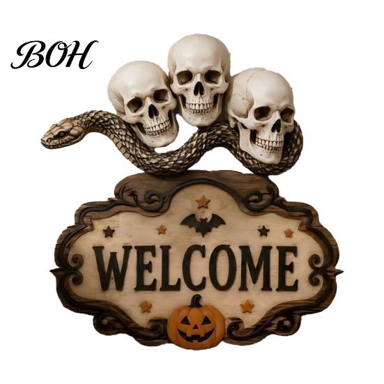 Creative Gift for Friends Halloween Wooden Welcome Sign, Spooky Skull Frog Crow Witch Door Hanger, Realistic Skeleton Sign 2D Wall Hanging Home Party