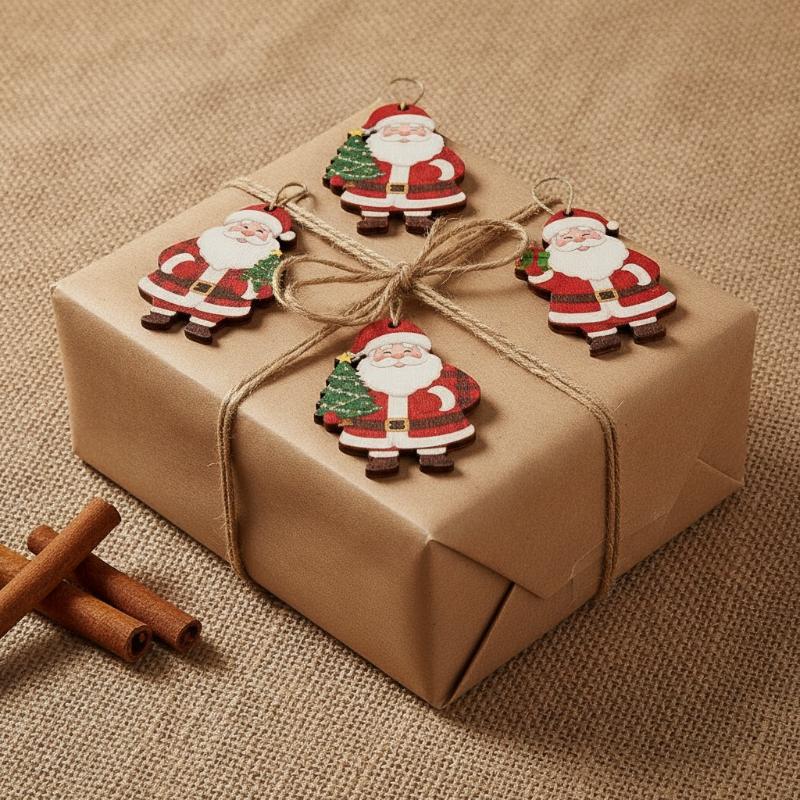 10Pcs Cute Xmas Santa Pendant 2D Flat Wooden Santa Claus Hanging Ornament For Christmas Tree Home New Year Holiday Party Decor