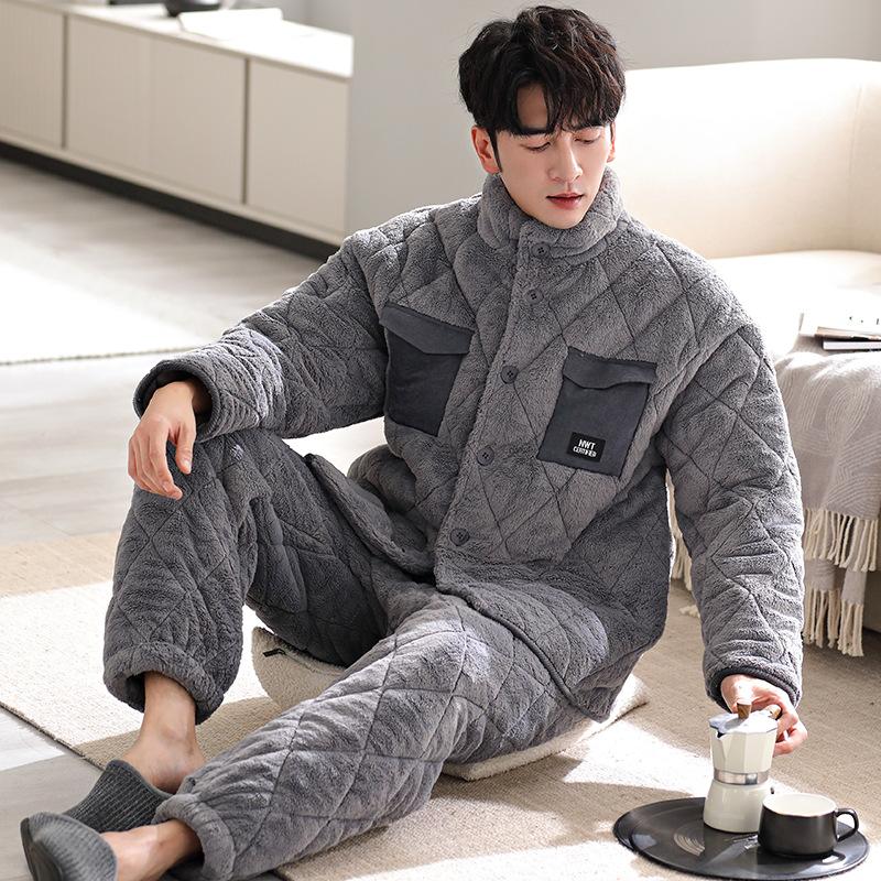 Antistatic padded couple pajamas women's winter three-layer thickened fleece padded jacket men's coral fleece warm loungewear