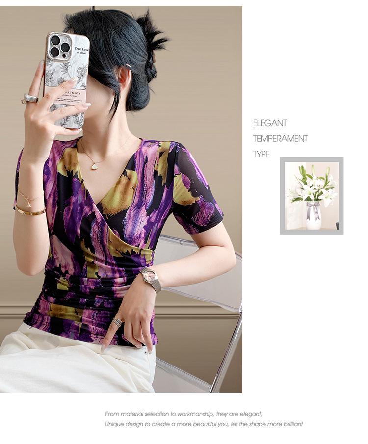 2025 Sommer Damen Slim Fit Mesh-Print V-Ausschnitt Rüschen Kurzarm Mode Top