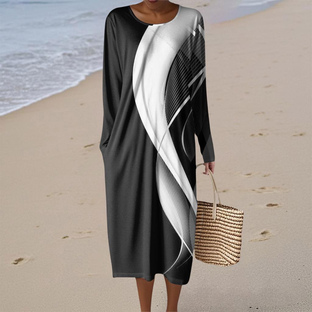 Women's Fashion Casual Long Sleeve Retro Print Round Neck Pocket Elegant Temperament Dress