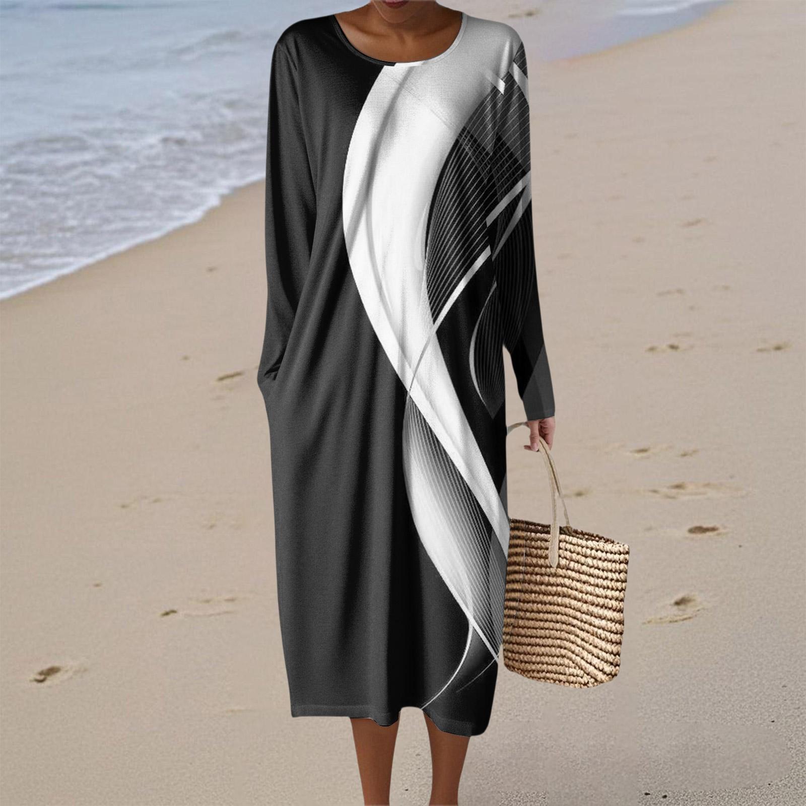 

Женское модное повседневное платье с длинным рукавом, в стиле ретро, с принтом, круглым вырезом, карманом, элегантное, сдержанное XXL чёрный