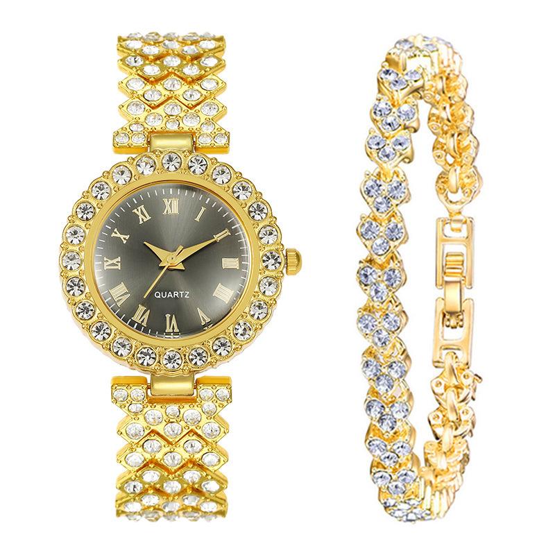 

2 шт. Роскошные элегантные часы из нержавеющей стали со стразами | Минималистичные модные кварцевые часы с браслетом, полностью инкрустированным стразами | Подарки на Ид