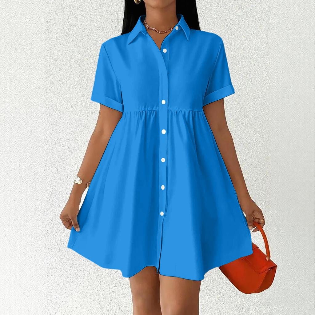 Women Short Sleeve Shirt Dress Button Down Collared Loose Fit Casual Mini Dress with Pockets Summer Style