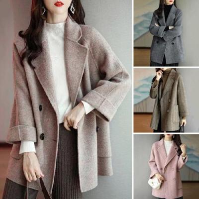 Autumn Winter Women Mid-length Woolen Jacket Turn-down Collar Double Breasted Cardigan Coat Fashion Solid Color Warm Coat Elegant Ladies Outwear