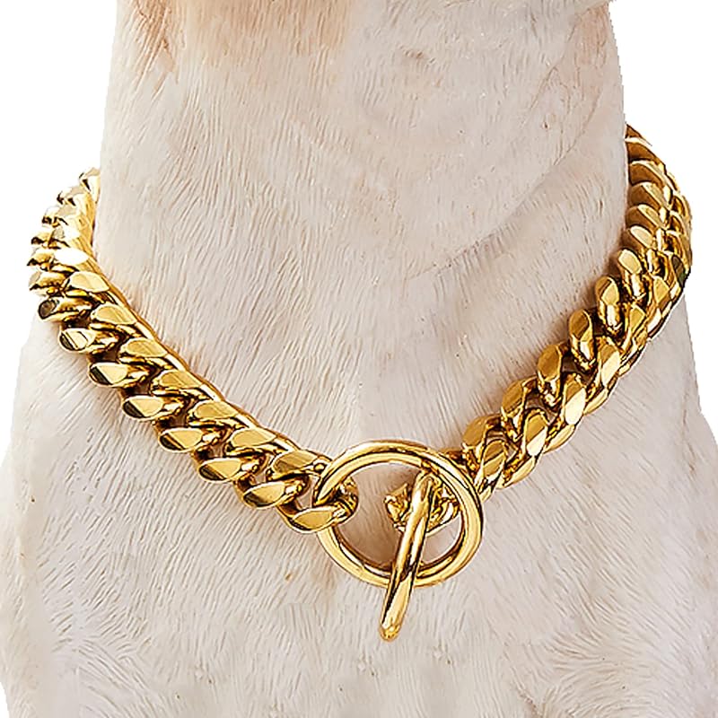 Chain Dog Collar 18K Gold Cuban Link Dog Chain Chain Collar Metal Stainless Steel Heavy Duty Slip Dog Collars for Small, Medium, and Large Dogs(15MM,