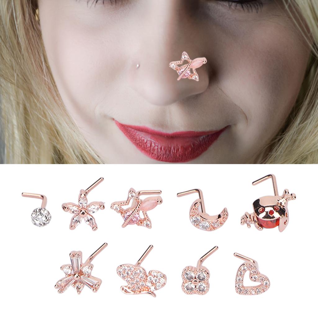 9pcs L Shaped Nose Studs Women Fashionable Stainless Steel Zirconia Nose Studs Jewelry Accessory