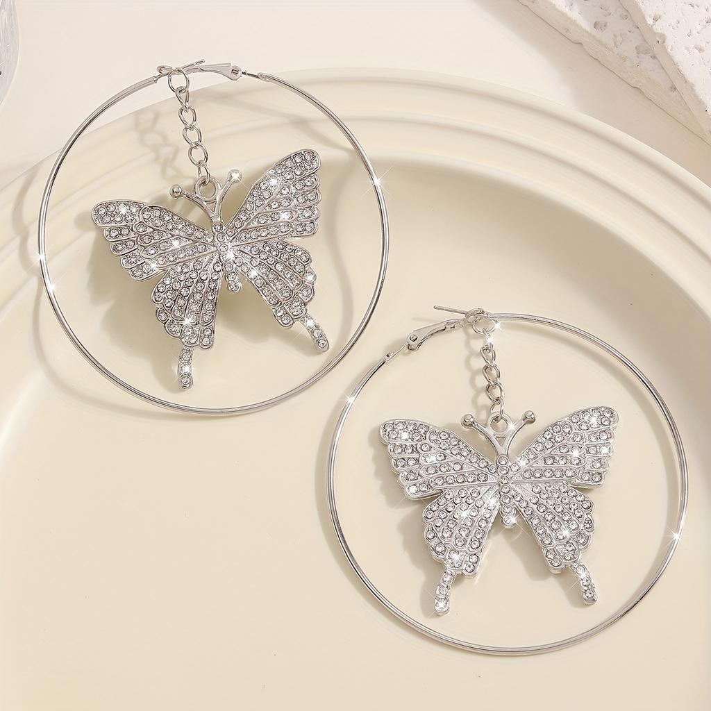 1 Pair of Vintage Luxury Alloy Butterfly Pendant Earrings for Women - Exaggerated Round Drop Design, Perfect for Daily Wear & Parties, Ideal Gift, Par