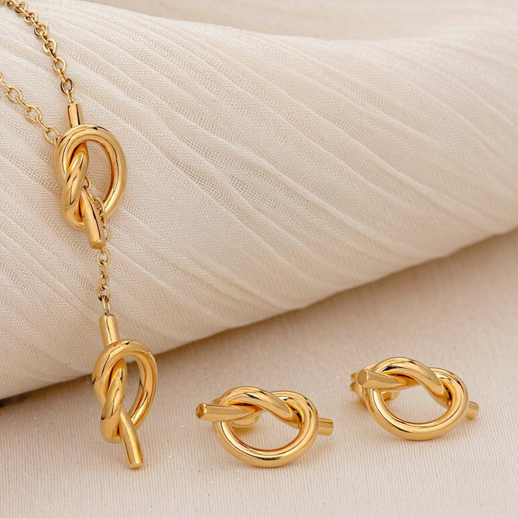 Nouveau Arrivage Style Ins Chic Français Élégant Ne Ternit Pas Double Nœud Forme de Cœur Collier & Boucles d'Oreilles Réglables en Acier Inoxydable Ensemble