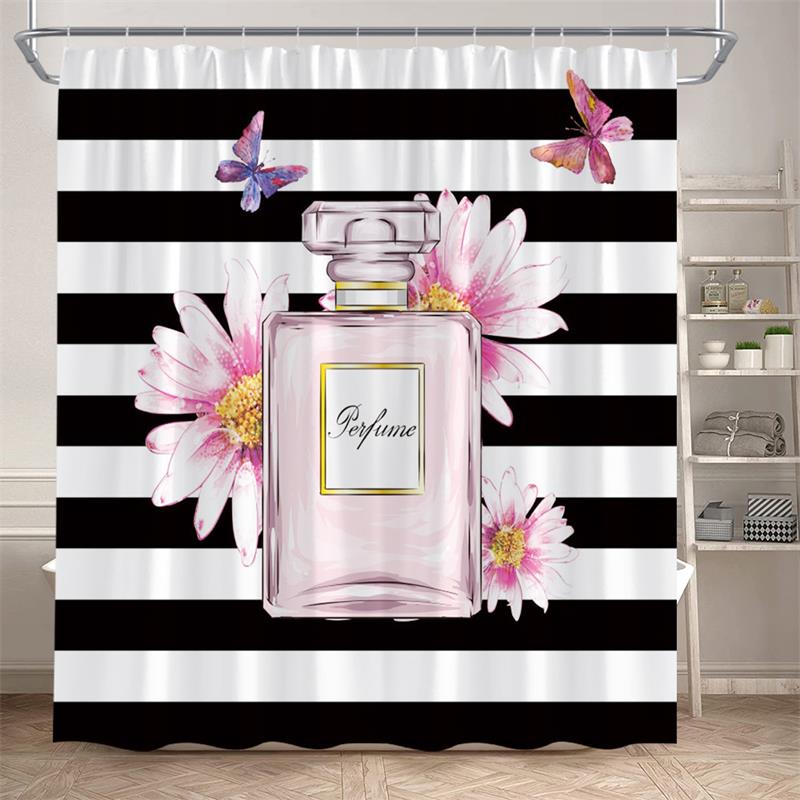 Floral Perfume Shower Curtains Pink Flower Butterfly Red High Heel Black White Stripe Fashion bath Curtain Fabric Bathroom Decor
