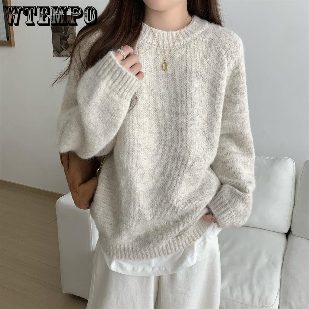 Laid-back Round-neck Pullover for Women Long-sleeved Loose Sweater for Women Solid-colored Inner Knitted Sweater for Autumn and Winter
