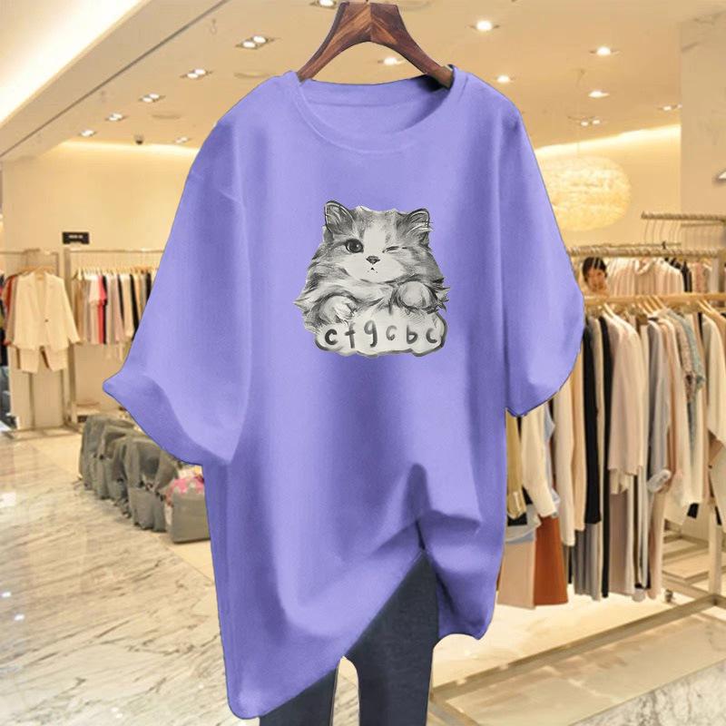 Women's Summer Loose Cartoon Cat Print Cotton T-Shirt