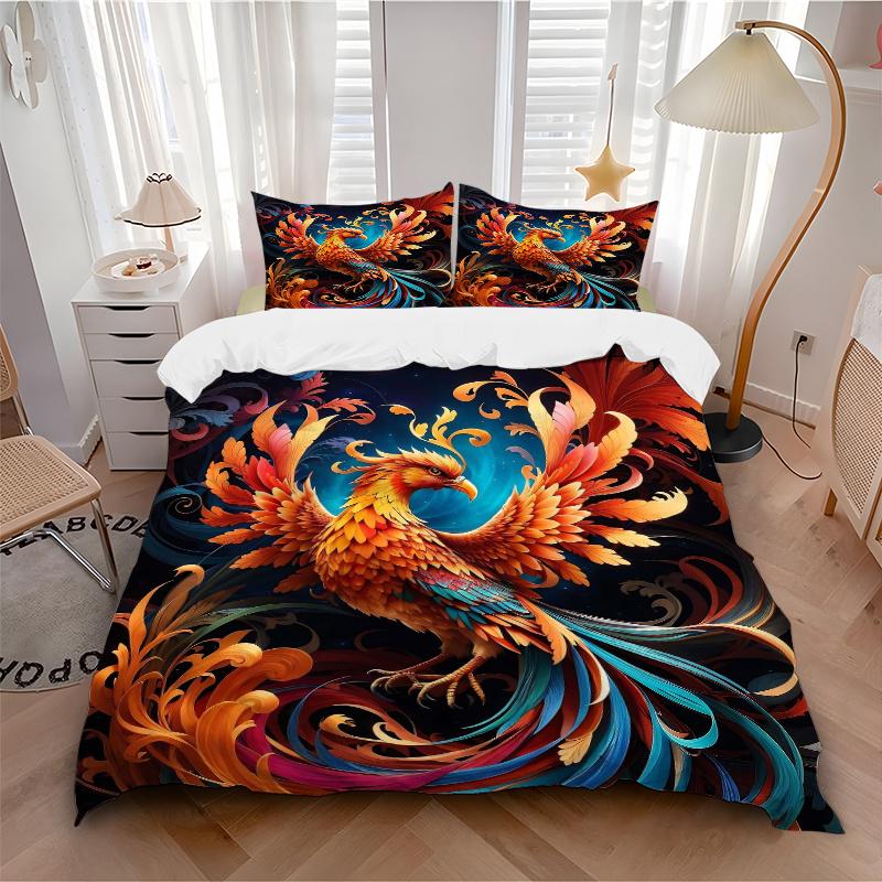 3pcs Flaming Phoenix Patterns Quilt Cover Set - Soft and Cozy Bedroom, Guest Room and Dorm Decorative Bedding 3-Piece Set 1 Quilt Cover + 2 Pillo