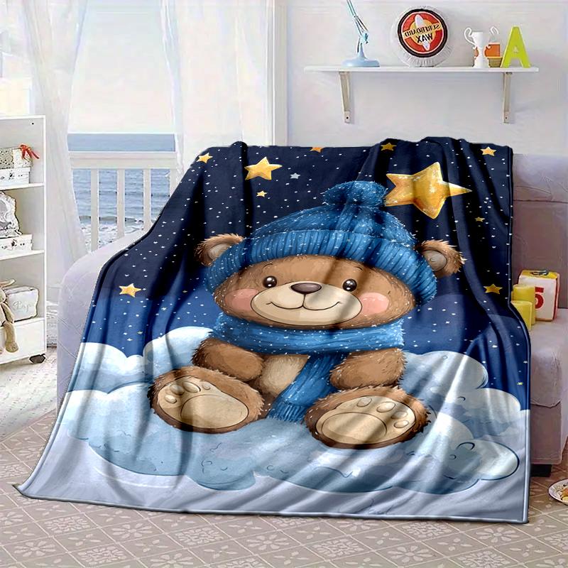 Teddy Bear Night Sky Blanket Flannel Blanket for Bed, Sofa, Camping, Hiking, Picnic Essentials, Gift for Family Fan Gifts
