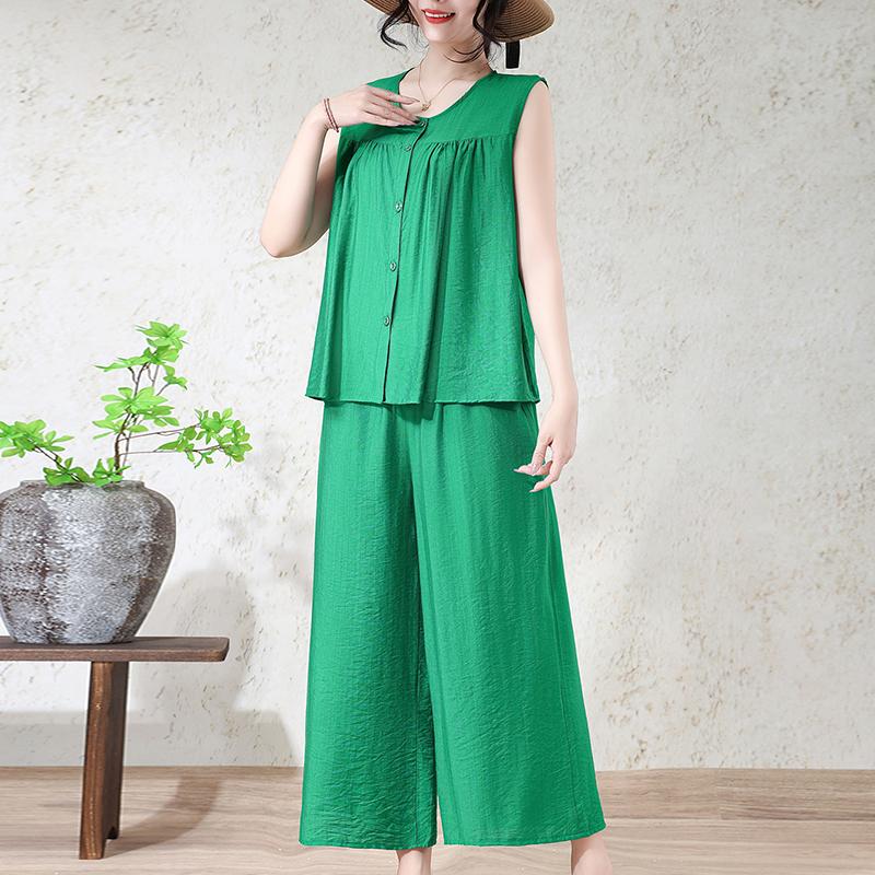 Women's Plus Size 2-Piece Set, Linen-cotton Sleeveless Button Top & Wide Leg Pants (XL-7XL)