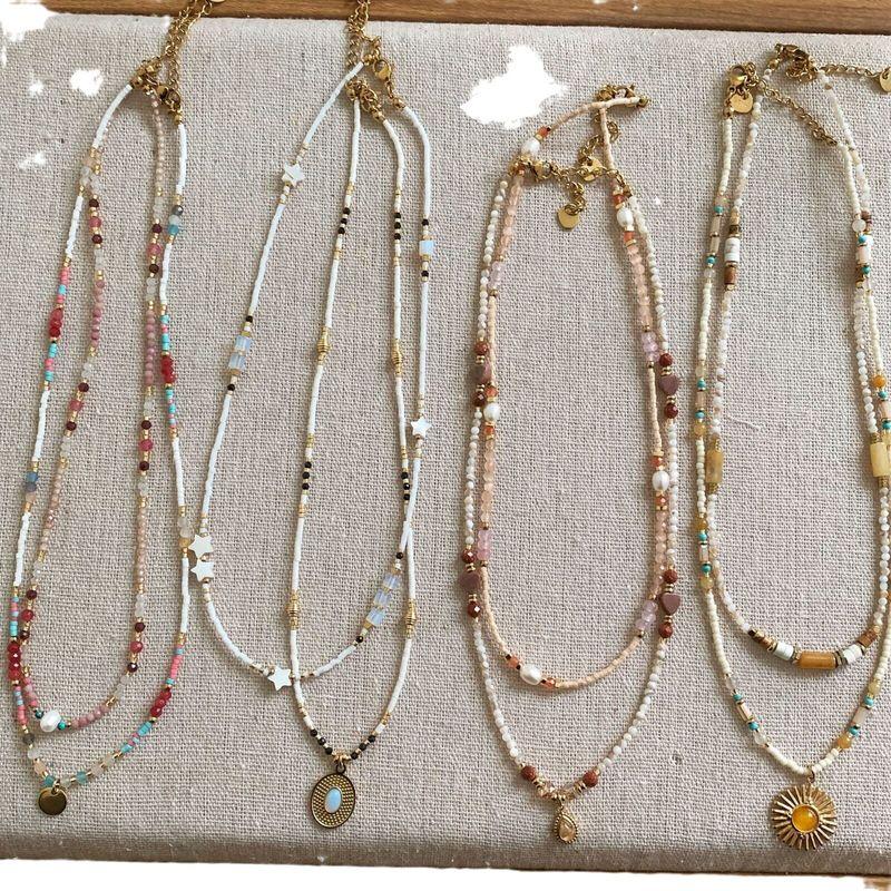 French Ethnic Style Color Stone Beaded Fashion Retro Style Easiest for Match Sense Necklace Clavicle Necklace for Women