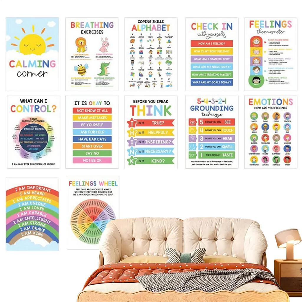 Neue Beruhigungsecke Poster 12 Stück Psychische Gesundheit Poster Klassenzimmer Emotionen Tabelle Wandkunst für Kindertagesstätte Bibliothek Programmraum