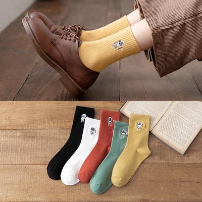 Women's Mid-Calf Solid Color Cotton Socks with Japanese Embroidery - Casual College Style for Autumn and Winter