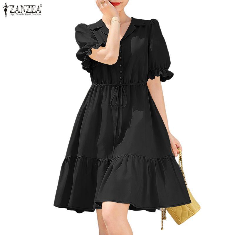 ZANZEA Women Casual Turn Down Collar Summer Short Sleeve Dress