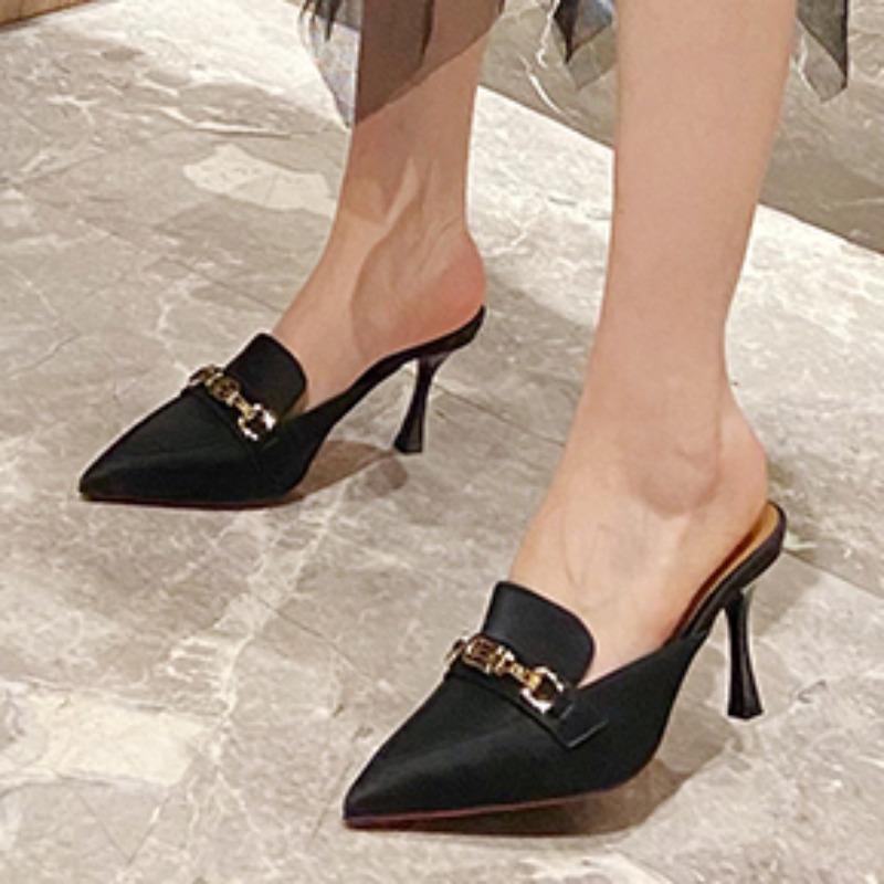Womens Slippers 2024 New Fashion Leather Baotou Sandals Metal Decoration Summer Versatile Pointed Toe Women's High Heel Slippers