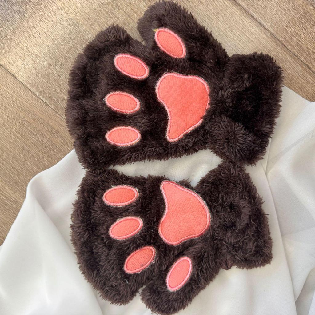 Women's Cute Cat & Bear Paw Fingerless Fleece Gloves