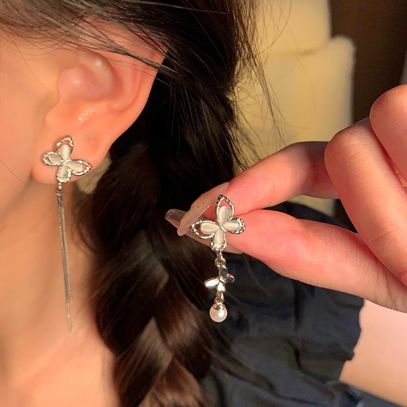 Opal Butterfly Fringed Earrings Femininity Long Pearl Stud Earrings