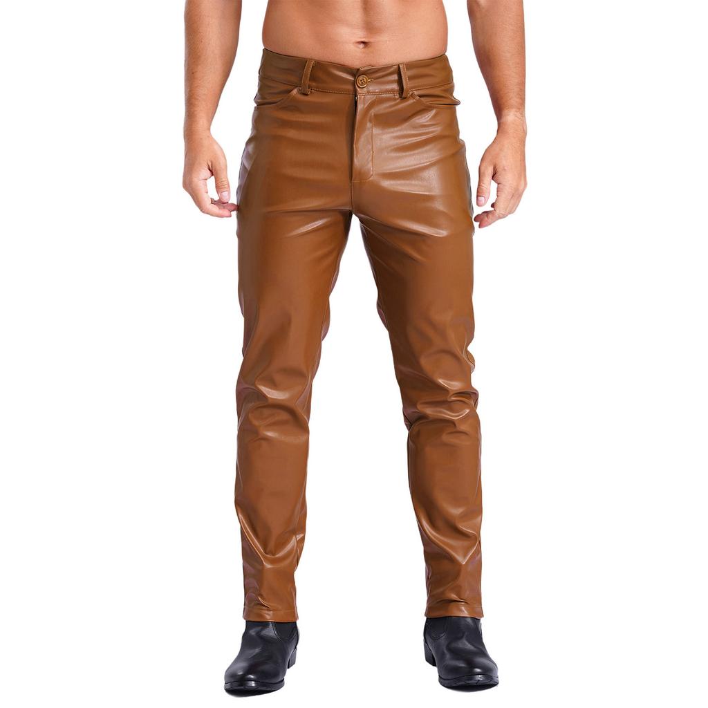 Mens Faux Leather Straight Leg Pants Smooth Lining Tights Leggings Music Festival Daily Outfit