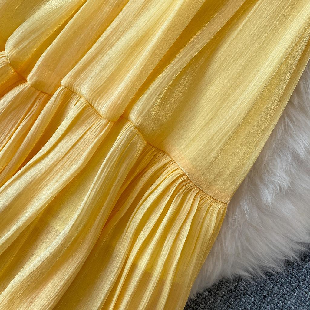 Sommer Herbst Neu Einfarbig Rüschen Patchwork Chiffon Fließender Rock für Damen Hoher Bund Vielseitiger Midi Rock für Damen