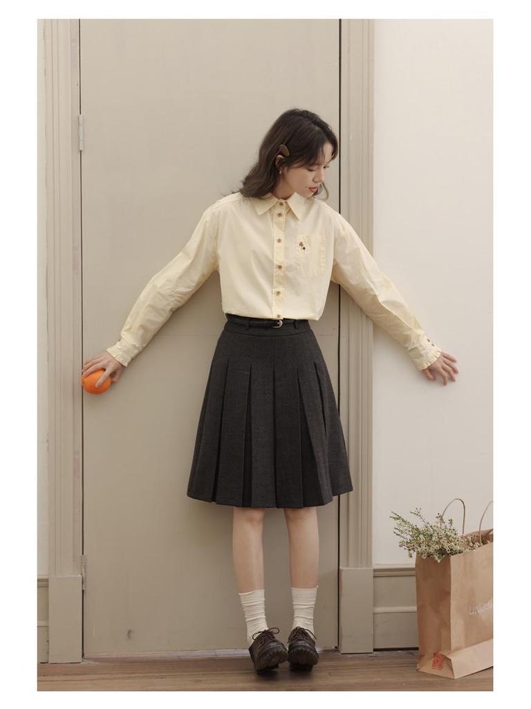 Women's Yellow Long Sleeve French Embroidery Polo Collar Shirt - Versatile, Professional, Casual Blouse