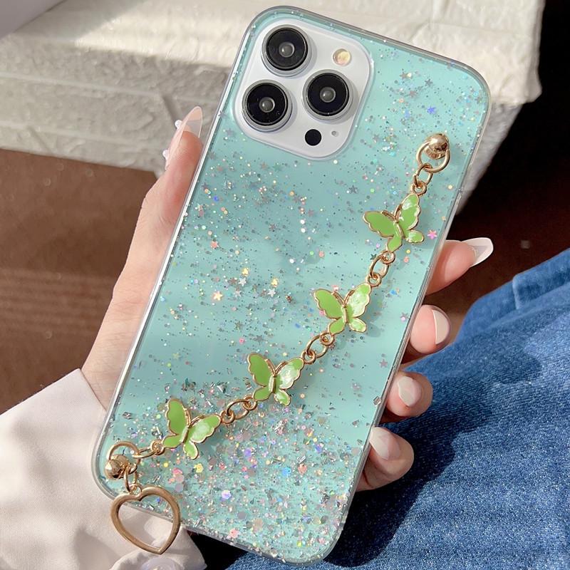 Compatible iPhone 16 Pro Max Transparent Resin Glitter Phone Case with Bowknot and Bracelet