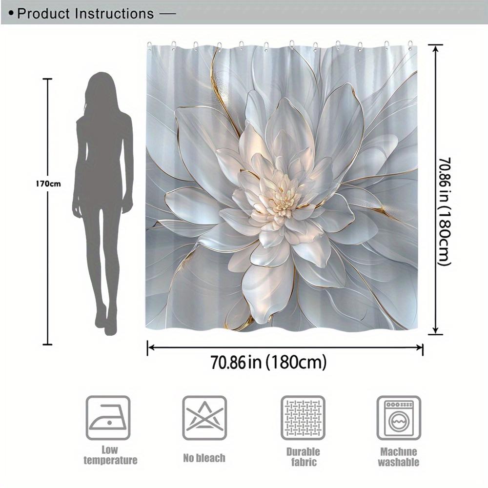 Luxusní bílý květinový sprchový závěs, Zlaté akcenty, Detailní kvetoucí design, Hladké okvětní lístky, Elegantní okraje, Moderní koupelny