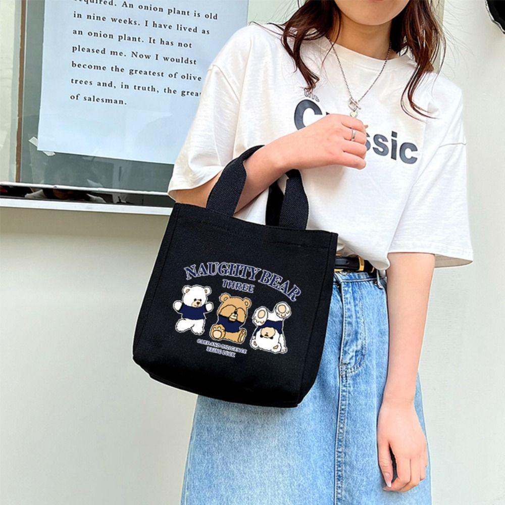 New Cartoon Embroidery Lunch Bag Casual Fashion Canvas Handbag Cute Bear Tote Bag Outdoor Food Storage Picnic Pouch