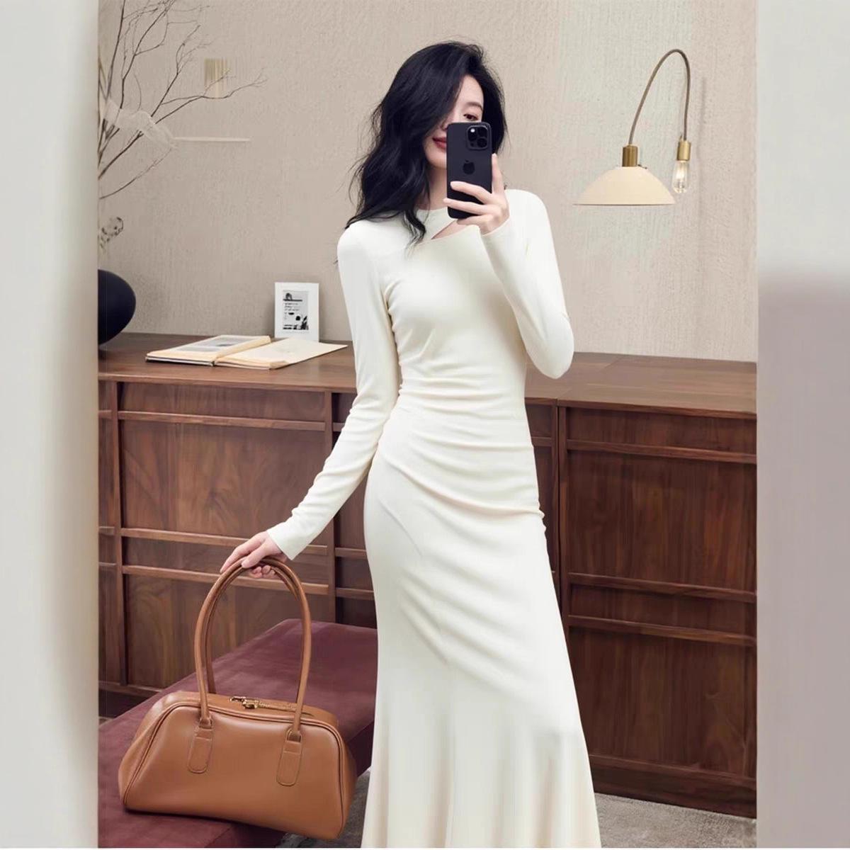 Французская Элегантная Социальная Богиня Длинная Юбка - Осенне-Зимнее Белое Платье Extra Large грязно-белый