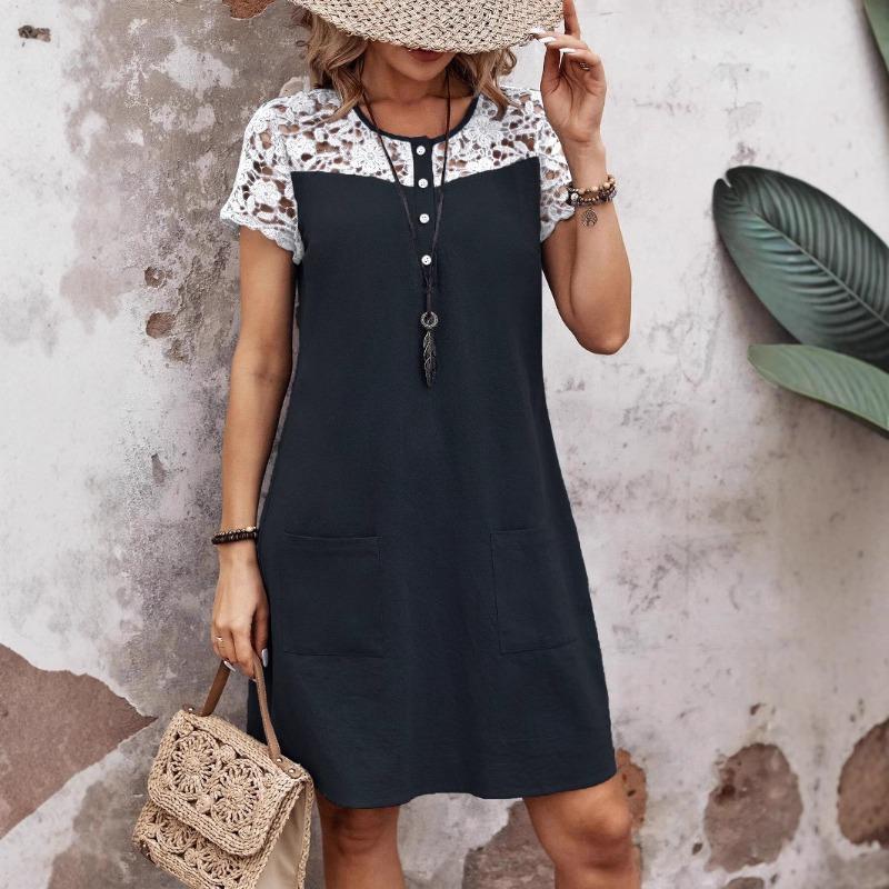 

Women s Casual Loose Dress Spring Summer Short Sleeved O Neck Color Block Lace Splice Design with Side Pockets Dreeses S чёрный