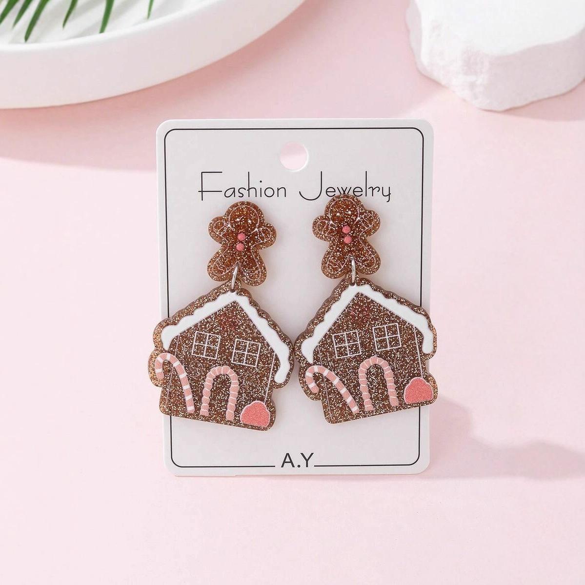 Cross-border 2025 new cartoon gingerbread man biscuits house studs Christmas series atmosphere earrings jewelry