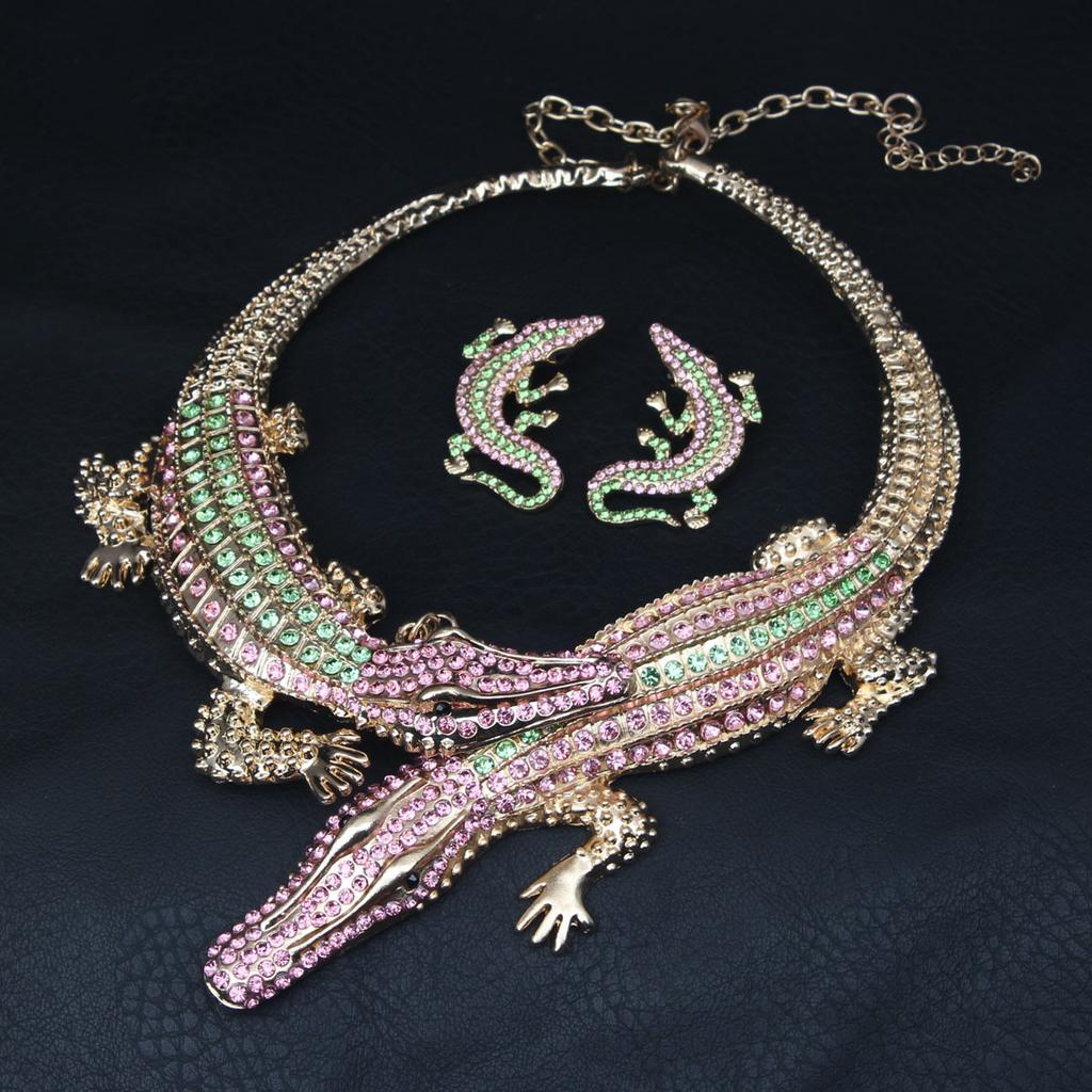 Vintage Übertriebene Krokodil Halskette Ohrringe Set mit Diamant Personalisierter Kragen Damen Accessoires