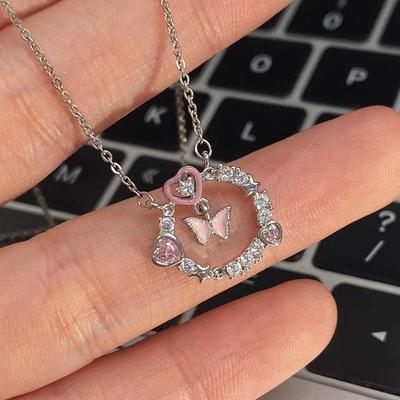 Herz Stern Kreise Rosa Schmetterling Anhänger Halskette Für Frauen Partei Schmuck Geschenk