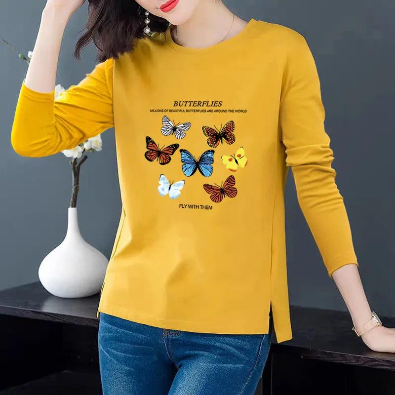 Spring & Fall Women Cotton Pullover Casual Slit T-Shirt Seven Butterfly Print Shirt Long Sleeve Bottoming Shirt